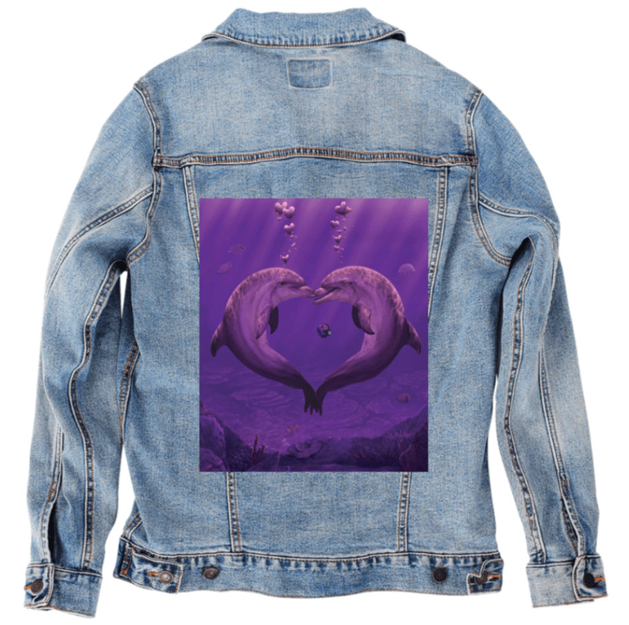 SEA OF HEARTS by VINCENT HIE, printed on denim jackets and other denim products: tote bags, throw pillows, table place mats, aprons