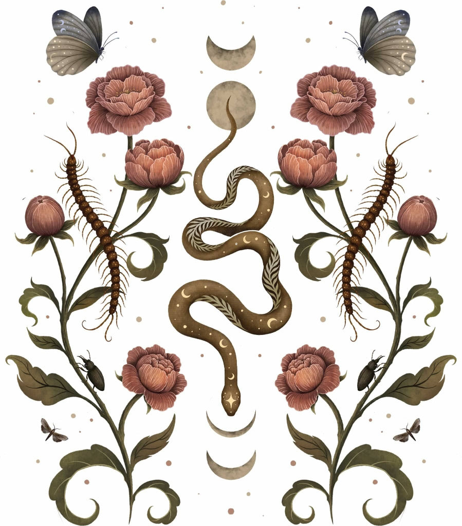 SERPENTINE GARDEN by EPISODIC DRAWING, printed on denim jackets and other denim products: tote bags, throw pillows, table place mats, aprons