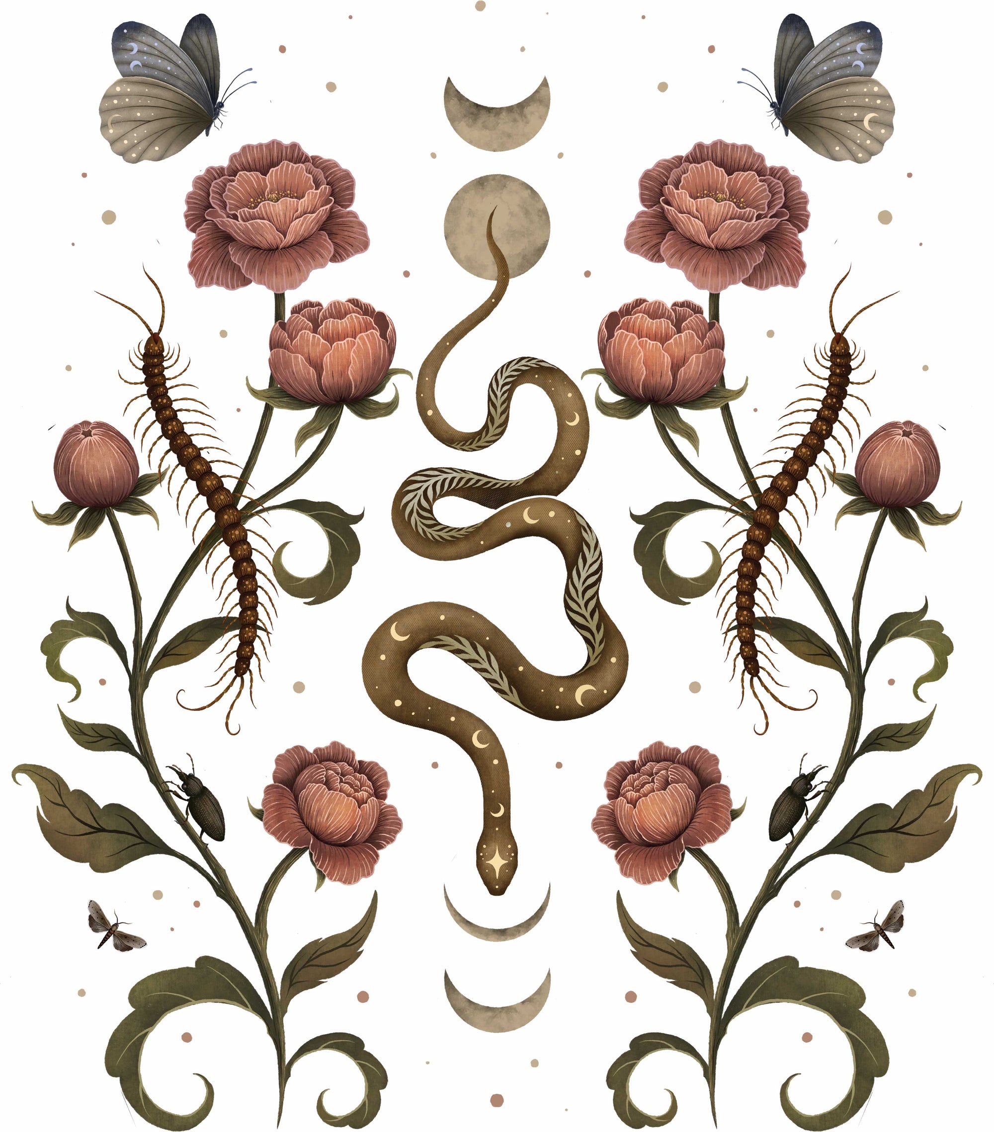 SERPENTINE GARDEN by EPISODIC DRAWING, digitally printed on DENIM products: throw pillows, aprons, table place mats, and hand-made Unisex Denim Jackets in 3 color choices