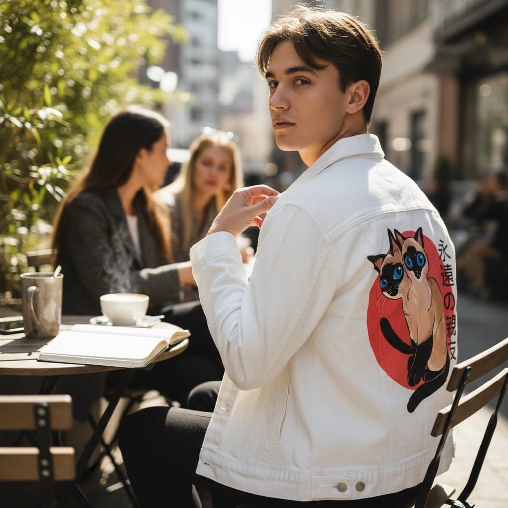 SIAMESE by PEPE RODRIGUEZ aka PPMID, digitally printed on DENIM products: throw pillows, aprons, table place mats, and hand-crafted Unisex Denim Jackets in 3 color choices