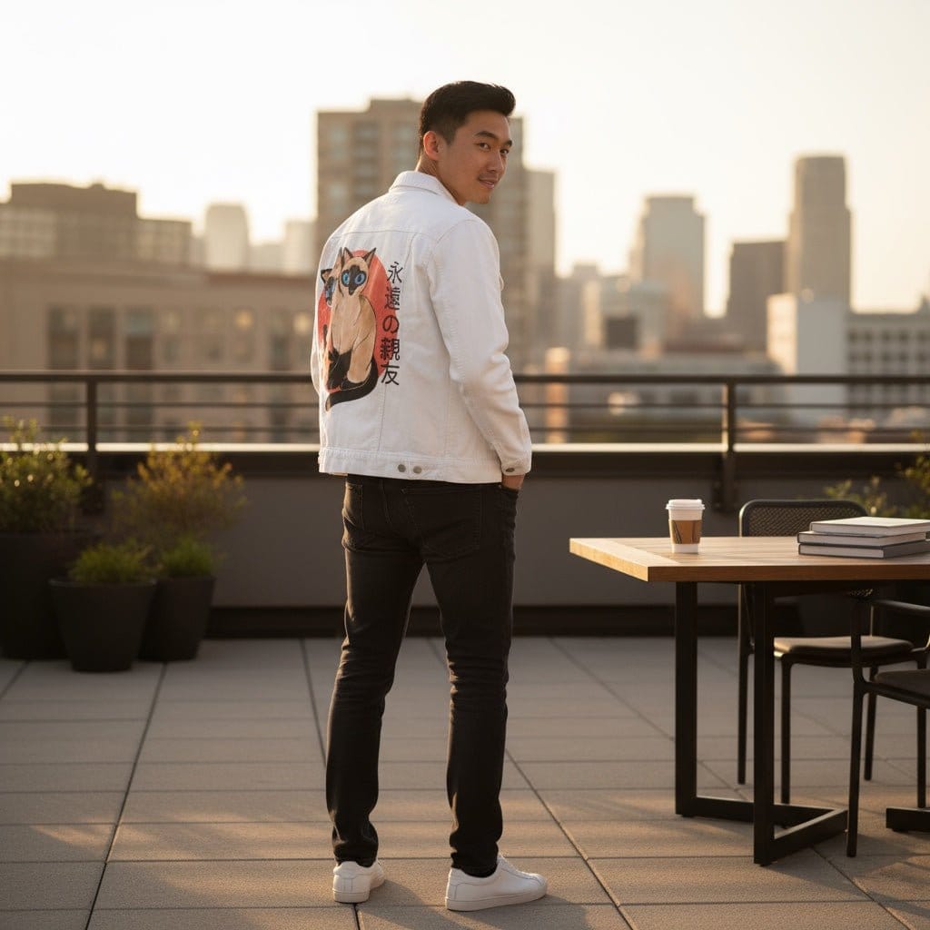 SIAMESE by PEPE RODRIGUEZ aka PPMID, digitally printed on DENIM products: throw pillows, aprons, table place mats, and hand-crafted Unisex Denim Jackets in 3 color choices