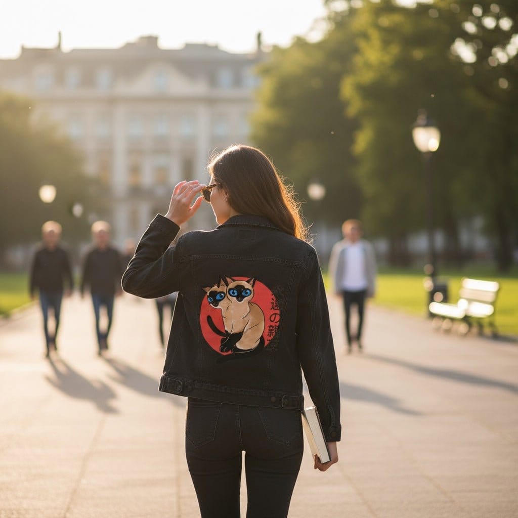 SIAMESE by PEPE RODRIGUEZ aka PPMID, digitally printed on DENIM products: throw pillows, aprons, table place mats, and hand-crafted Unisex Denim Jackets in 3 color choices