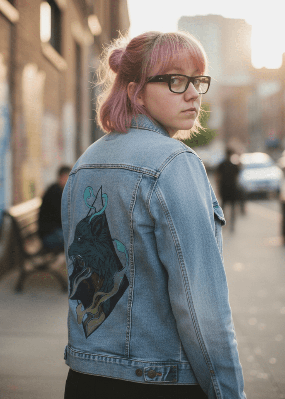 SKINWALKER by JESS ADAMS, digitally printed on DENIM products: throw pillows, aprons, table place mats, and hand-crafted Unisex Denim Jackets in 3 color choices