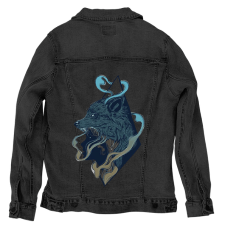 SKINWALKER by JESS ADAMS, digitally printed on DENIM products: throw pillows, aprons, table place mats, and hand-crafted Unisex Denim Jackets in 3 color choices