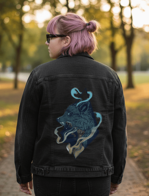 SKINWALKER by JESS ADAMS, digitally printed on DENIM products: throw pillows, aprons, table place mats, and hand-crafted Unisex Denim Jackets in 3 color choices