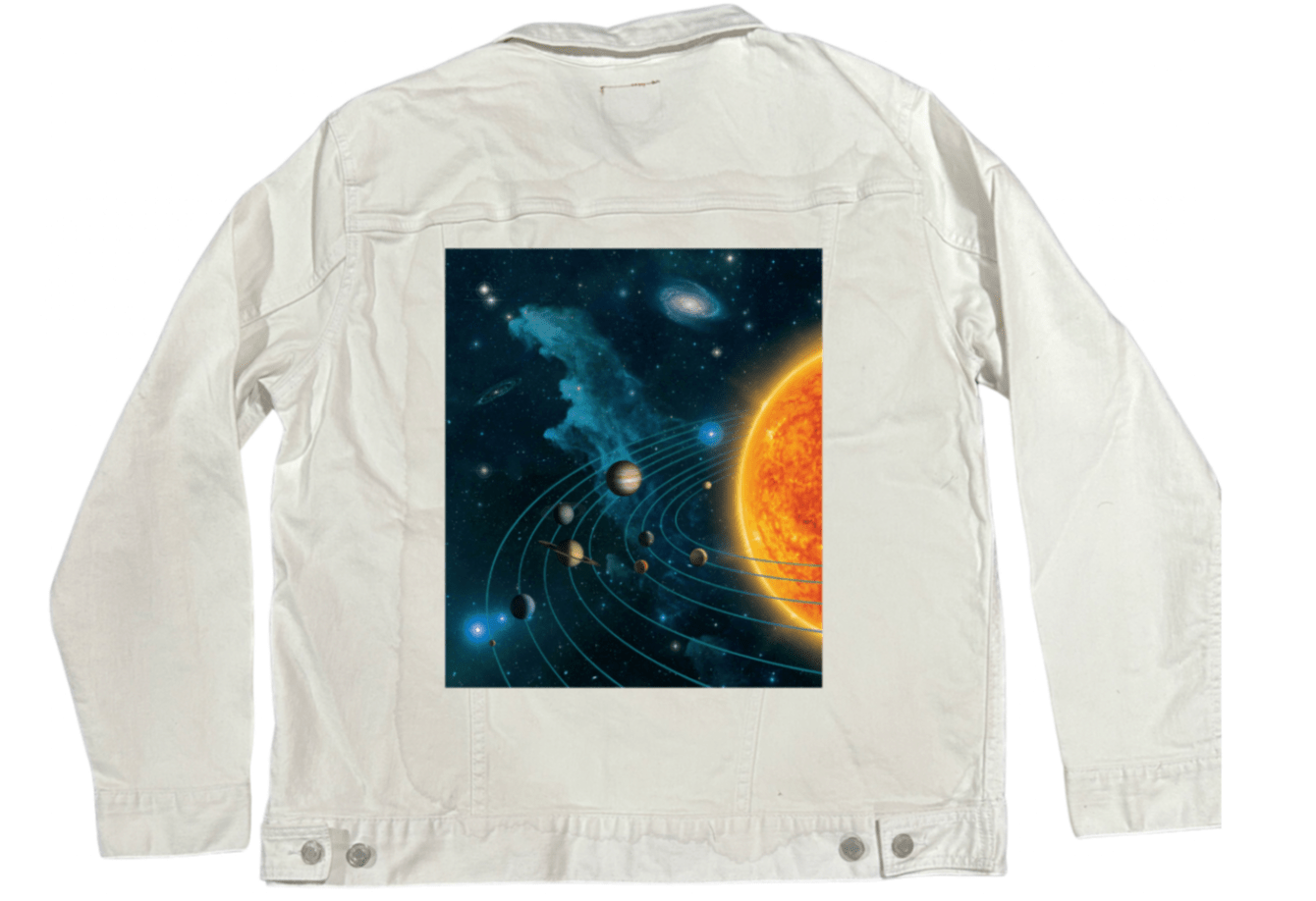 SOLAR SYSTEM by VINCENT HIE,printed by DenimINK on hand-crafted Denim Jackets and other denim products and other denim products: tote bags, throw pillows, table place mats, aprons
