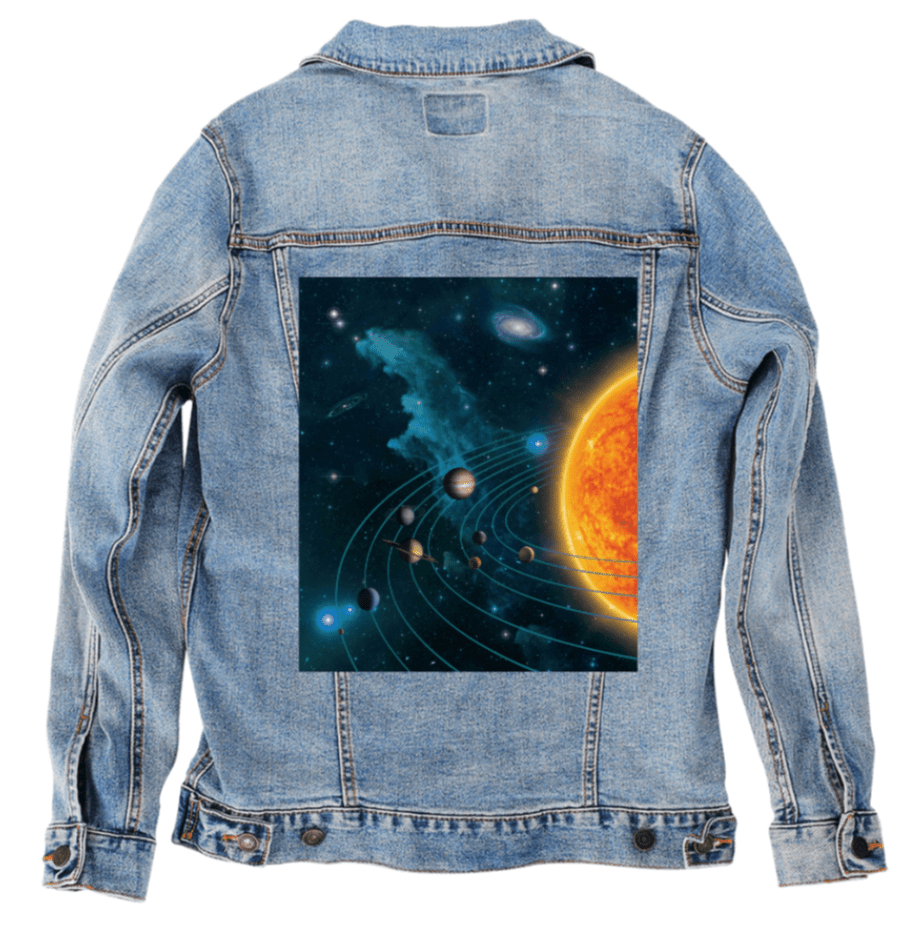 SOLAR SYSTEM by VINCENT HIE,printed by DenimINK on hand-crafted Denim Jackets and other denim products and other denim products: tote bags, throw pillows, table place mats, aprons