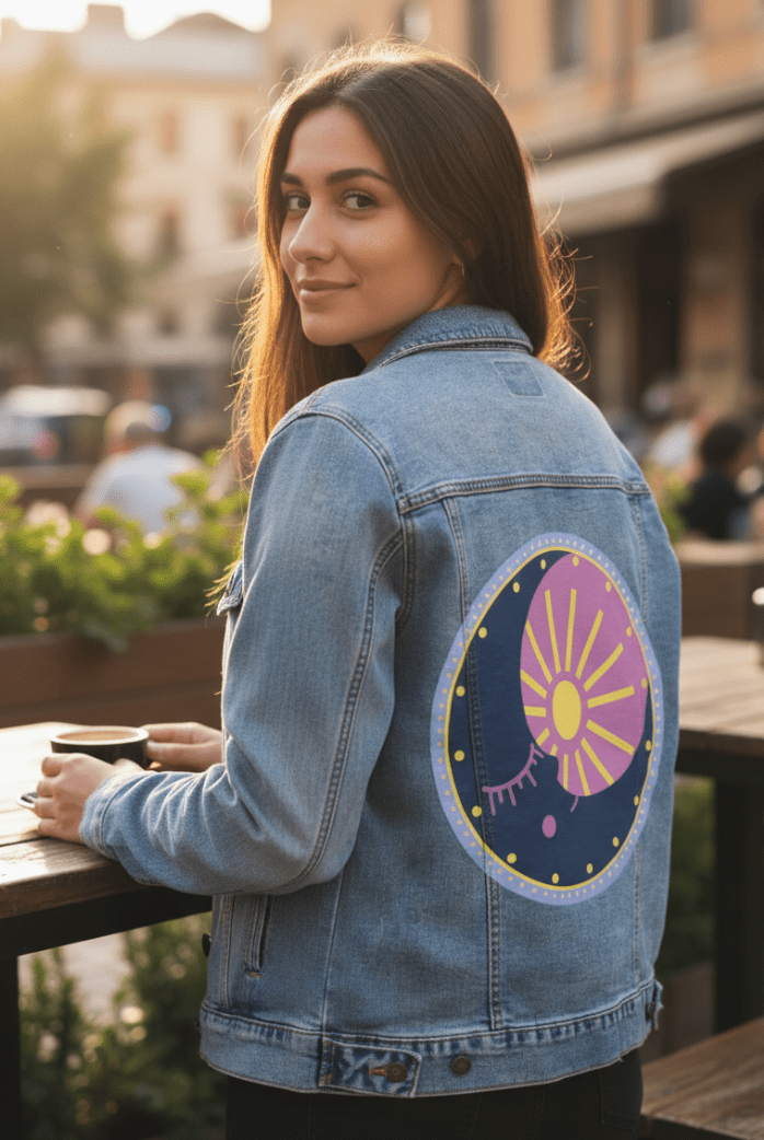 SOLUNA by HEND SHEHATA,printed by DenimINK on hand-crafted Denim Jackets and other denim products and other denim products: tote bags, throw pillows, table place mats, aprons