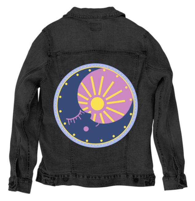 SOLUNA by HEND SHEHATA,printed by DenimINK on hand-crafted Denim Jackets and other denim products and other denim products: tote bags, throw pillows, table place mats, aprons