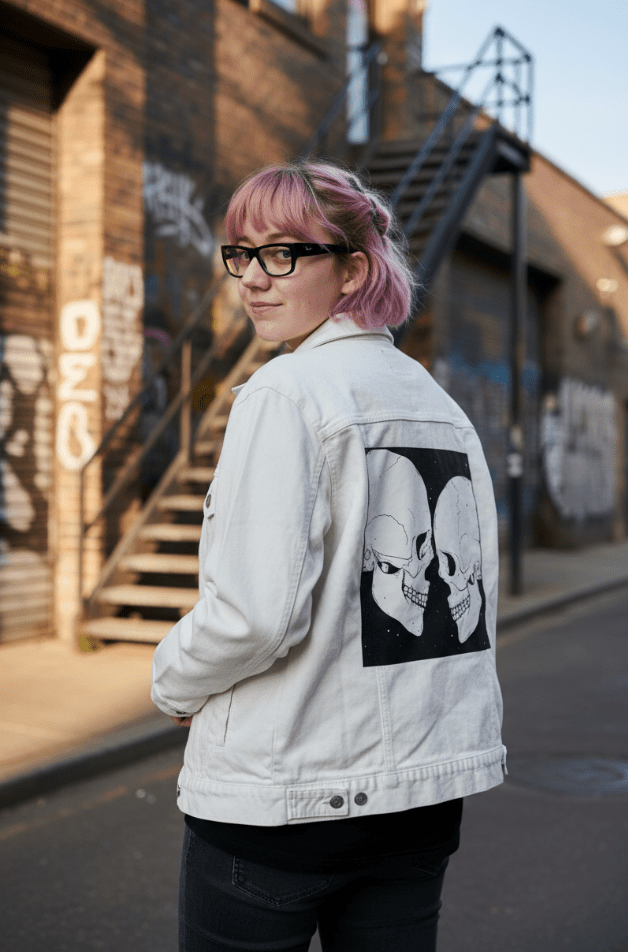 STAR CROSSED LOVERS by JESS ADAMS, digitally printed on DENIM products: throw pillows, aprons, table place mats, and hand-crafted Unisex Denim Jackets in 3 color choices