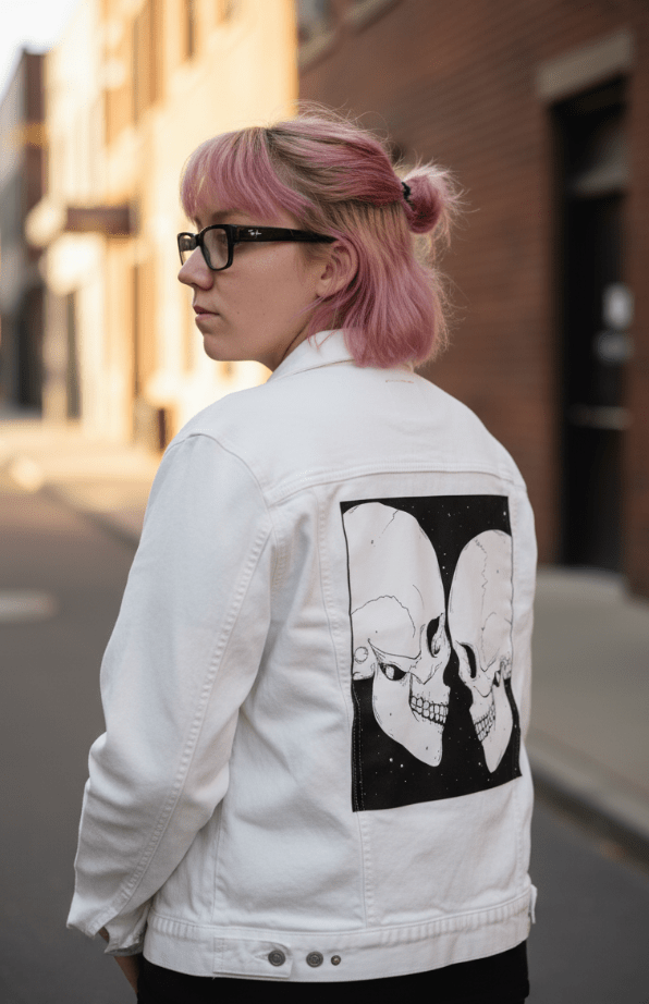 STAR CROSSED LOVERS by JESS ADAMS, digitally printed on DENIM products: throw pillows, aprons, table place mats, and hand-crafted Unisex Denim Jackets in 3 color choices