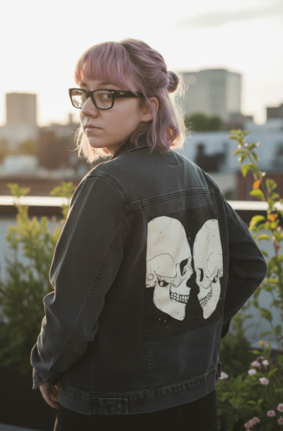 STAR CROSSED LOVERS by JESS ADAMS, digitally printed on DENIM products: throw pillows, aprons, table place mats, and hand-crafted Unisex Denim Jackets in 3 color choices