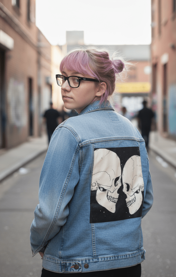 STAR CROSSED LOVERS by JESS ADAMS, digitally printed on DENIM products: throw pillows, aprons, table place mats, and hand-crafted Unisex Denim Jackets in 3 color choices