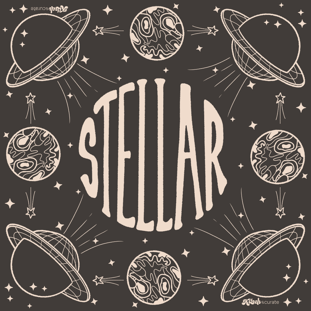 STELLAR by KITSCH AND CURATE,printed by DenimINK on hand-crafted Denim Jackets and other denim products and other denim products: tote bags, throw pillows, table place mats, aprons