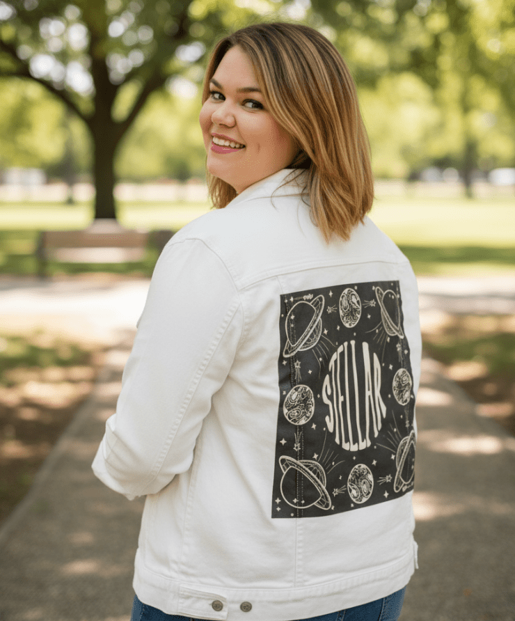 STELLAR by KITSCH AND CURATE,printed by DenimINK on hand-crafted Denim Jackets and other denim products and other denim products: tote bags, throw pillows, table place mats, aprons