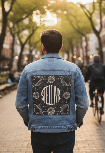 STELLAR by KITSCH AND CURATE,printed by DenimINK on hand-crafted Denim Jackets and other denim products and other denim products: tote bags, throw pillows, table place mats, aprons