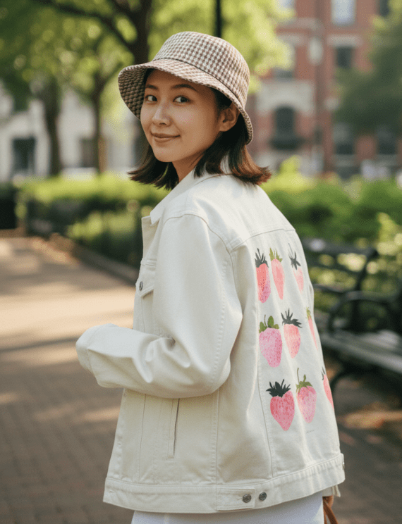 STRAWBERRY DREAMS by thearticsoul, printed on denim jackets and other denim products: tote bags, throw pillows, table place mats, aprons