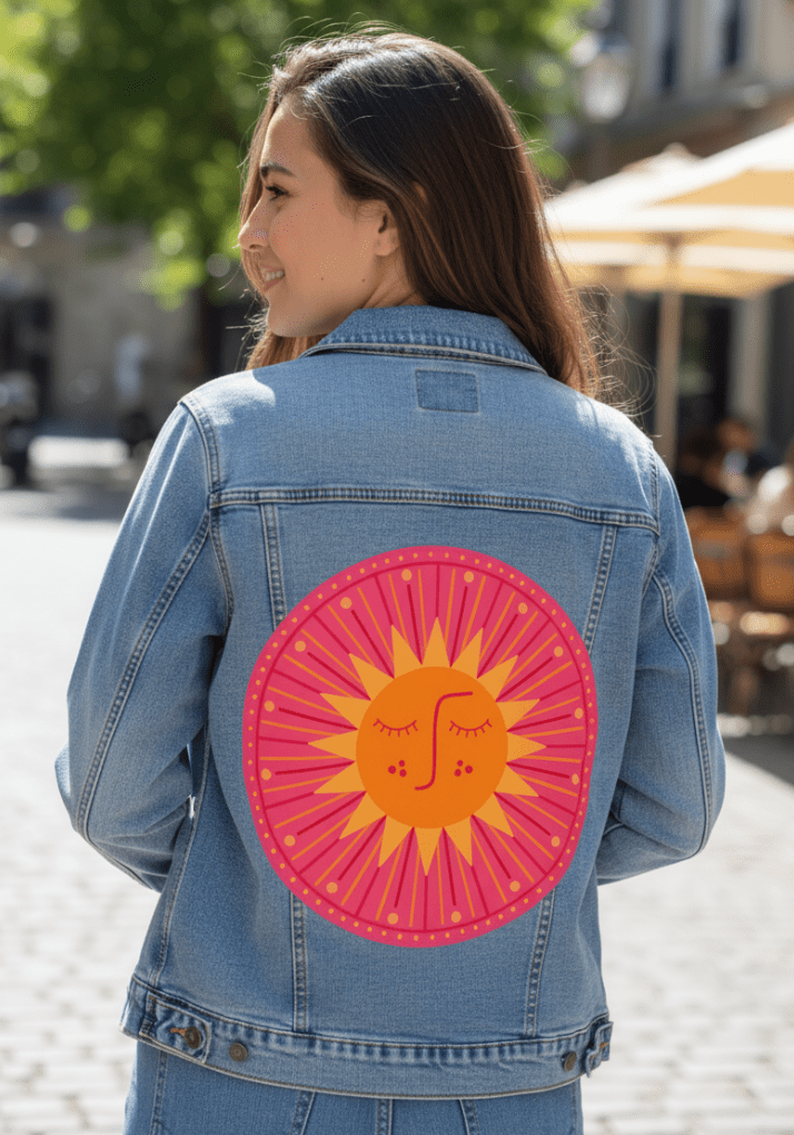 SUNBURST by HEND SHEHATA, printed on denim jackets and other denim products: tote bags, throw pillows, table place mats, aprons