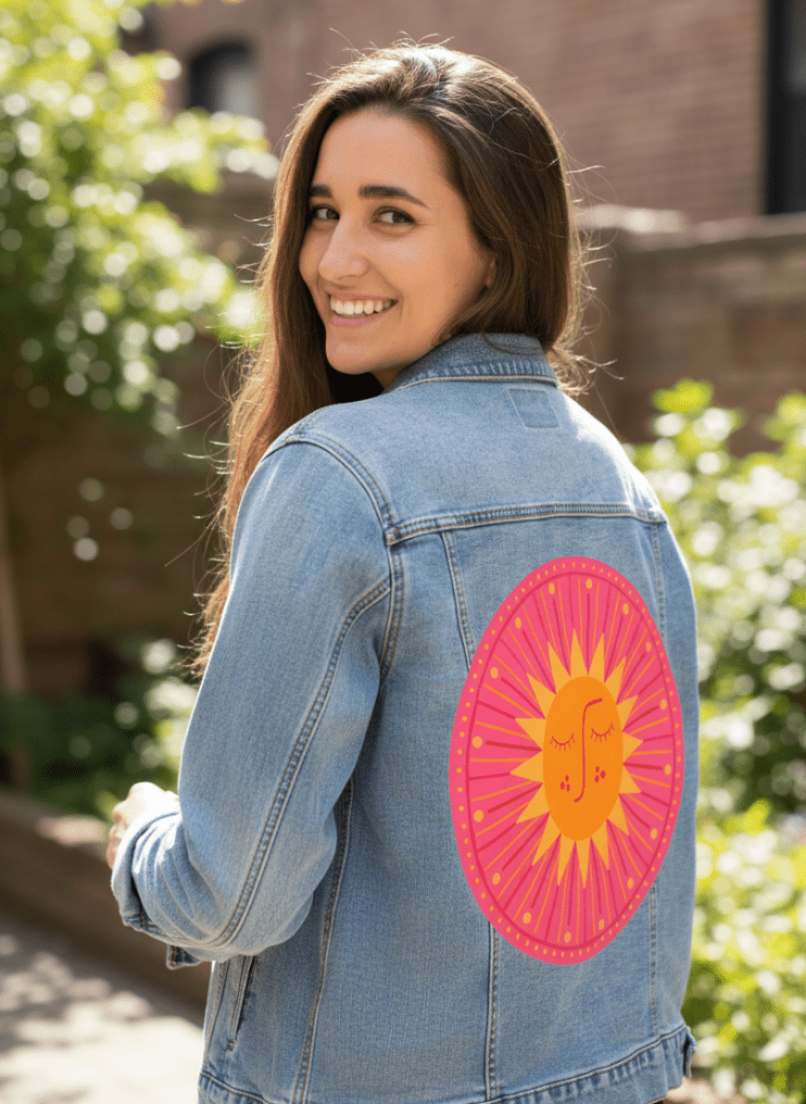 SUNBURST by HEND SHEHATA, printed on denim jackets and other denim products: tote bags, throw pillows, table place mats, aprons