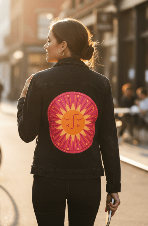 SUNBURST by HEND SHEHATA, printed on denim jackets and other denim products: tote bags, throw pillows, table place mats, aprons