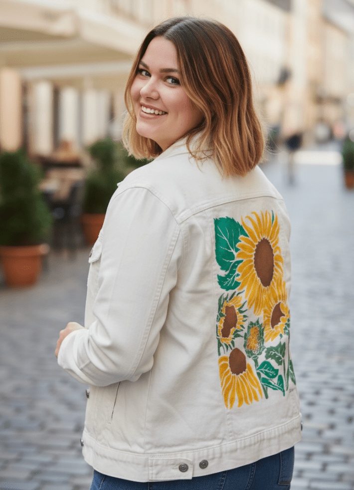 SUNFLOWER by KITSCH AND CURATE, printed on denim jackets and other denim products: tote bags, throw pillows, table place mats, aprons