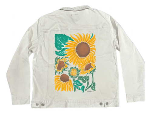SUNFLOWER by KITSCH AND CURATE, printed on denim jackets and other denim products: tote bags, throw pillows, table place mats, aprons