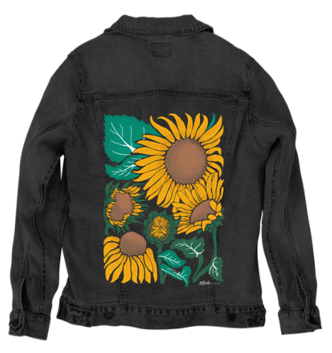 SUNFLOWER by KITSCH AND CURATE, printed on denim jackets and other denim products: tote bags, throw pillows, table place mats, aprons