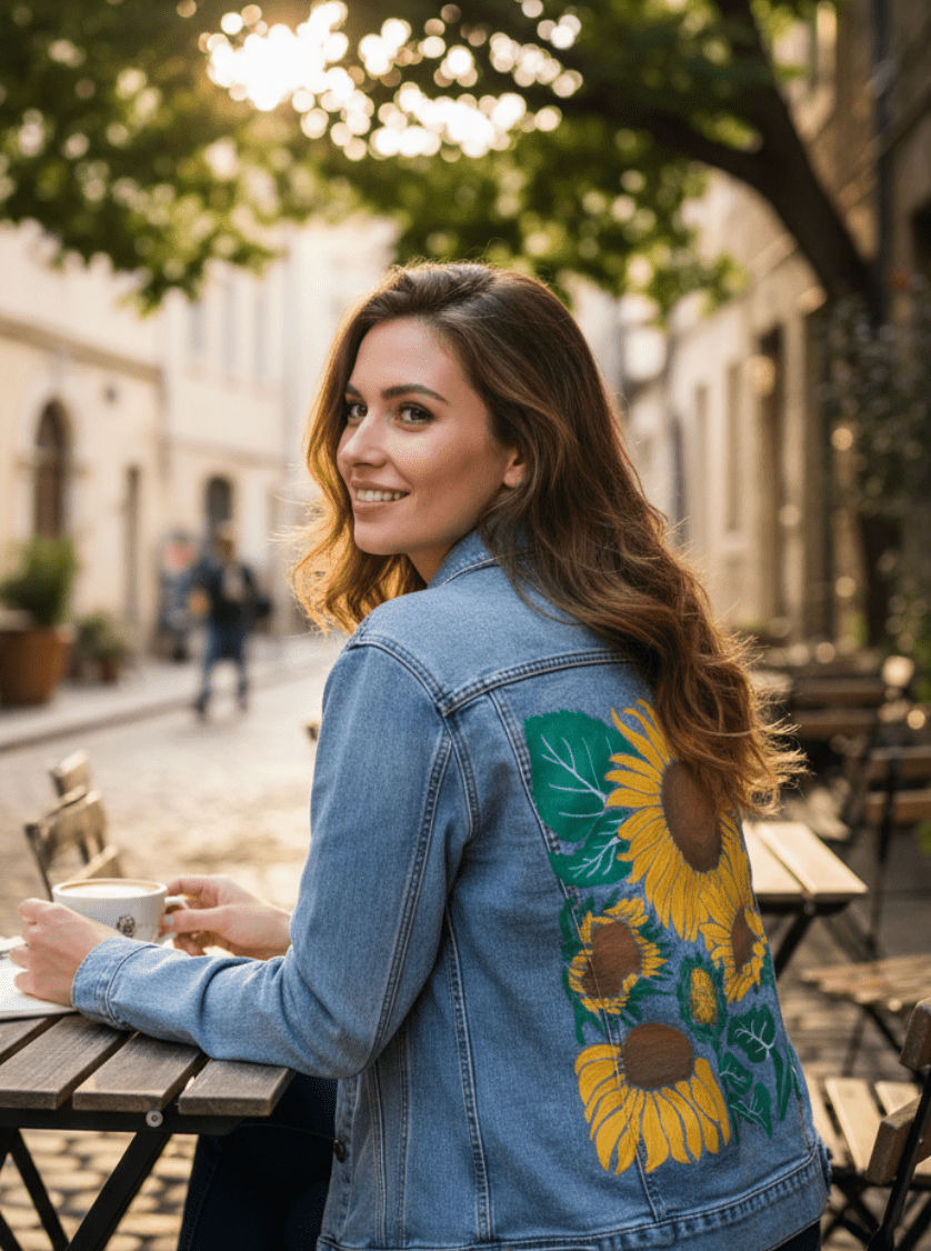SUNFLOWER by KITSCH AND CURATE, printed on denim jackets and other denim products: tote bags, throw pillows, table place mats, aprons