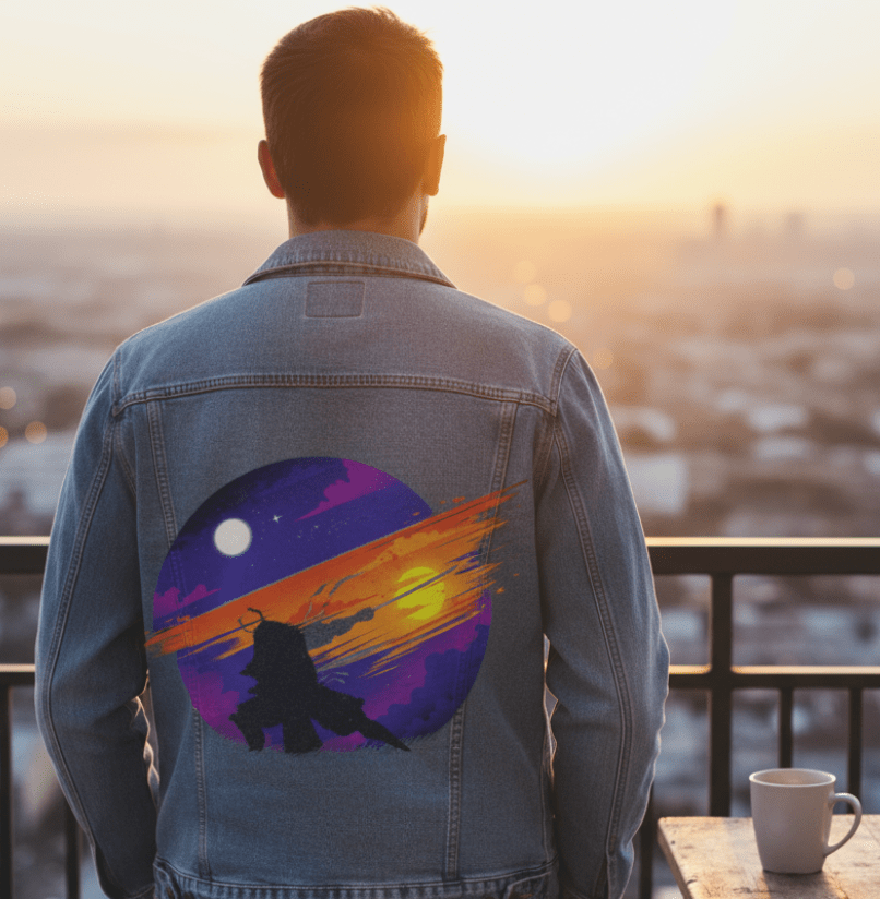SUNSET SAMURAI by TOBE FONSECA,printed by DenimINK on hand-crafted Denim Jackets and other denim products and other denim products: tote bags, throw pillows, table place mats, aprons