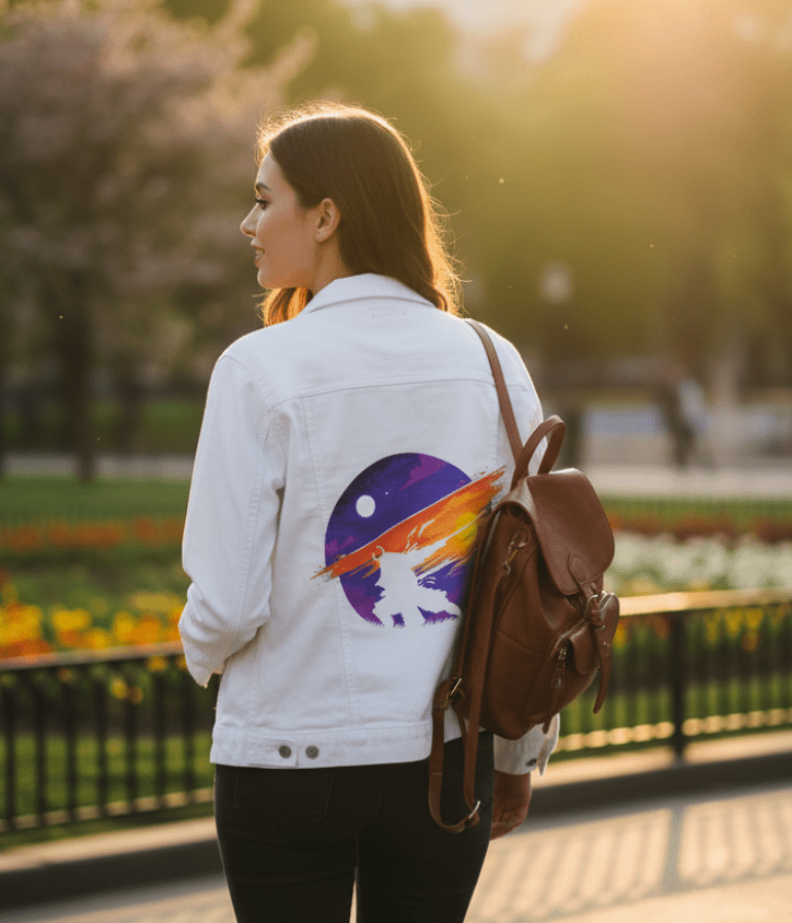 SUNSET SAMURAI by TOBE FONSECA,printed by DenimINK on hand-crafted Denim Jackets and other denim products and other denim products: tote bags, throw pillows, table place mats, aprons