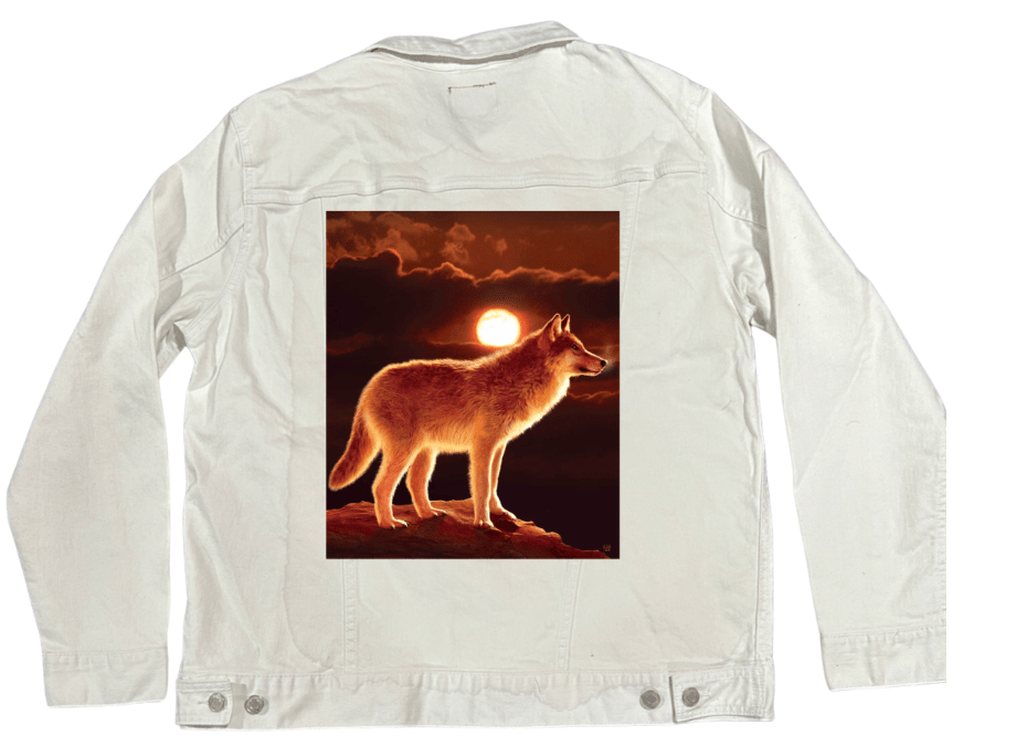 SUNSET WOLF by VINCENT HIE,printed by DenimINK on hand-crafted Denim Jackets and other denim products and other denim products: tote bags, throw pillows, table place mats, aprons