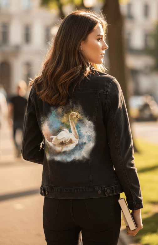 SWAN WATERCOLOR by RaMir DESIGNS,printed by DenimINK on hand-crafted Denim Jackets and other denim products and other denim products: tote bags, throw pillows, table place mats, aprons