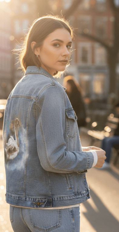 SWAN WATERCOLOR by RaMir DESIGNS,printed by DenimINK on hand-crafted Denim Jackets and other denim products and other denim products: tote bags, throw pillows, table place mats, aprons