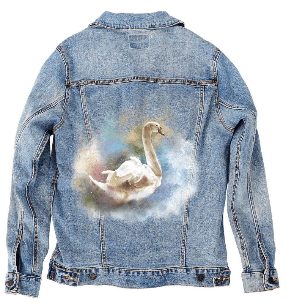 SWAN WATERCOLOR by RaMir DESIGNS,printed by DenimINK on hand-crafted Denim Jackets and other denim products and other denim products: tote bags, throw pillows, table place mats, aprons