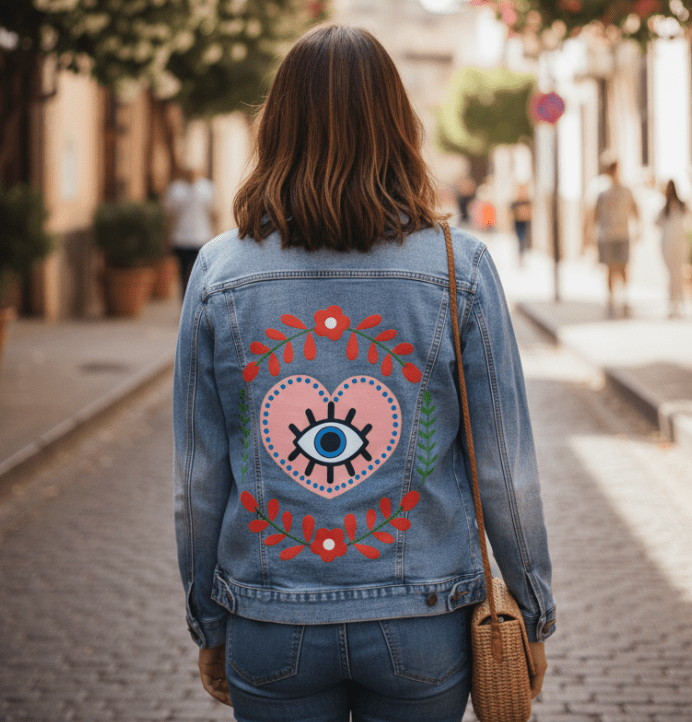 THE HEART SEES by HEND SHEHATA,printed by DenimINK on hand-crafted Denim Jackets and other denim products and other denim products: tote bags, throw pillows, table place mats, aprons