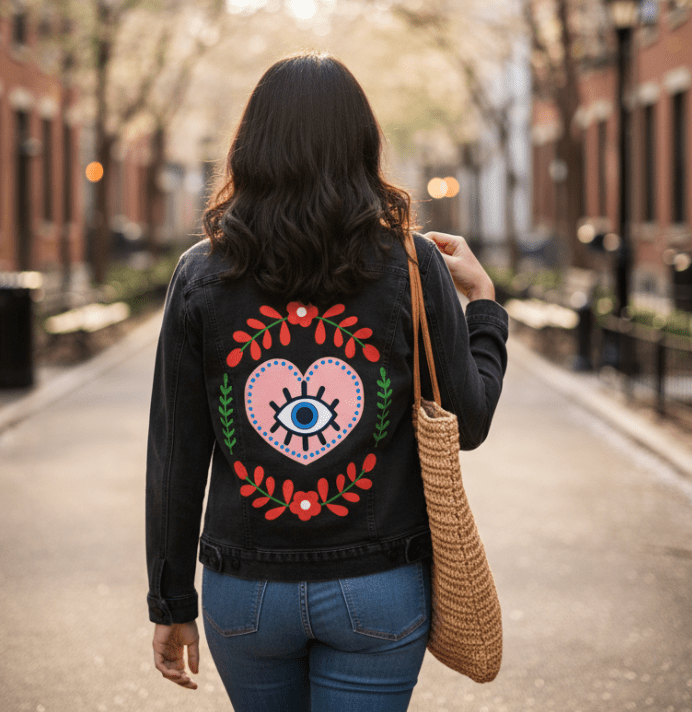 THE HEART SEES by HEND SHEHATA,printed by DenimINK on hand-crafted Denim Jackets and other denim products and other denim products: tote bags, throw pillows, table place mats, aprons