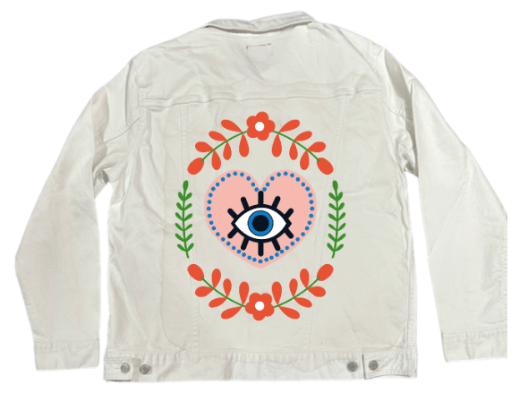 THE HEART SEES by HEND SHEHATA,printed by DenimINK on hand-crafted Denim Jackets and other denim products and other denim products: tote bags, throw pillows, table place mats, aprons