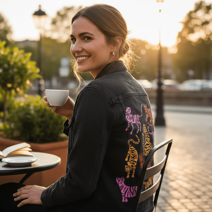 three-quarter rear view of a smiling model seated at an outdoor café, holding a coffee cup at golden hour. they wear a black denim jacket printed with the “Tiger Collection” by CatCoq, featuring nine watercolor-style tigers in pink, gold, & orange arranged in a loose grid. the vivid colors stand out against the dark fabric. printed by DenimINK.