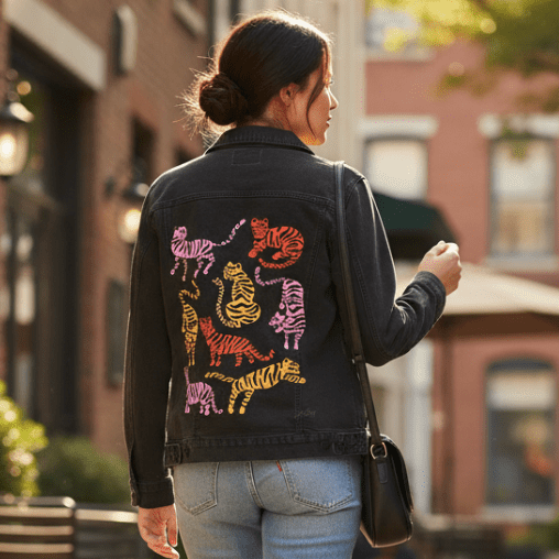 back view of a model walking down a quiet brick-lined city sidewalk, wearing a black denim jacket printed with the “Tiger Collection” by CatCoq. the design shows nine playful watercolor tigers in vibrant pink, red, & yellow, arranged across the back panel. the model carries a black crossbody bag, and the warm lighting adds softness to the scene. printed by DenimINK.