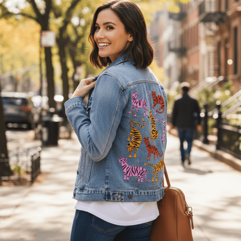 three-quarter rear view of a model walking along a tree-lined urban sidewalk, smiling as they hold one strap of a brown crossbody bag. they wear a stonewashed denim jacket printed with the “Tiger Collection” by CatCoq, which shows nine stylized tigers in coral, gold, & fuchsia. the colorful cats contrast with the soft denim tones. printed by DenimINK.