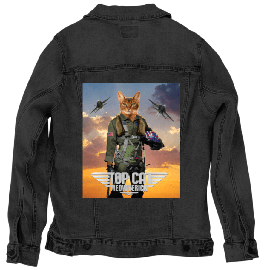 TOP CAT MEOWVERICK by VINCENT HIE,printed by DenimINK on hand-crafted Denim Jackets and other denim products and other denim products: tote bags, throw pillows, table place mats, aprons
