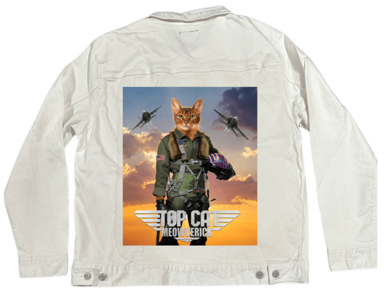TOP CAT MEOWVERICK by VINCENT HIE,printed by DenimINK on hand-crafted Denim Jackets and other denim products and other denim products: tote bags, throw pillows, table place mats, aprons