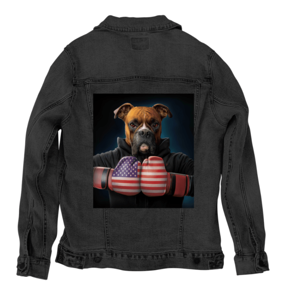 TOUGH BOXER by VINCENT HIE,printed by DenimINK on hand-crafted Denim Jackets and other denim products and other denim products: tote bags, throw pillows, table place mats, aprons