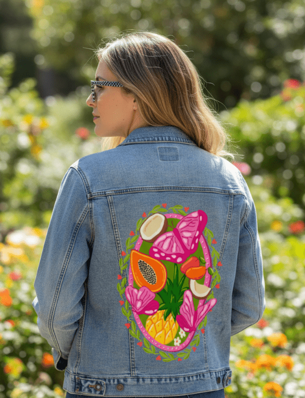TROPICAL PARADISE BUTTERFLY by IndySign,printed by DenimINK on hand-crafted Denim Jackets and other denim products and other denim products: tote bags, throw pillows, table place mats, aprons