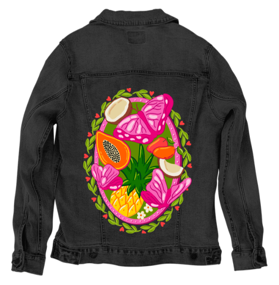 TROPICAL PARADISE BUTTERFLY by IndySign,printed by DenimINK on hand-crafted Denim Jackets and other denim products and other denim products: tote bags, throw pillows, table place mats, aprons