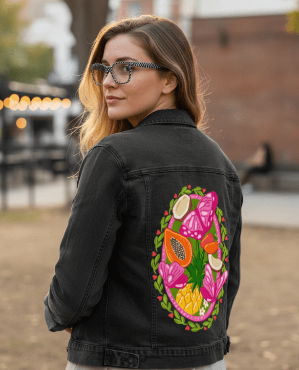 TROPICAL PARADISE BUTTERFLY by IndySign,printed by DenimINK on hand-crafted Denim Jackets and other denim products and other denim products: tote bags, throw pillows, table place mats, aprons