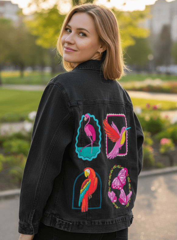 TROPICAL PARADISE by IndySign, printed on denim jackets and other denim products: tote bags, throw pillows, table place mats, aprons