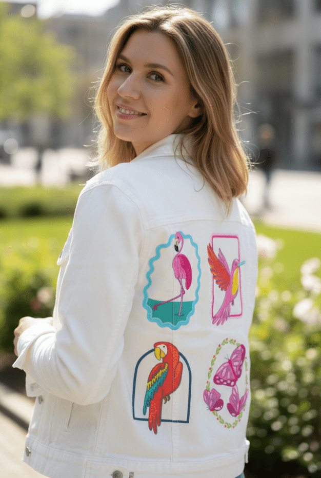 TROPICAL PARADISE by IndySign, printed on denim jackets and other denim products: tote bags, throw pillows, table place mats, aprons