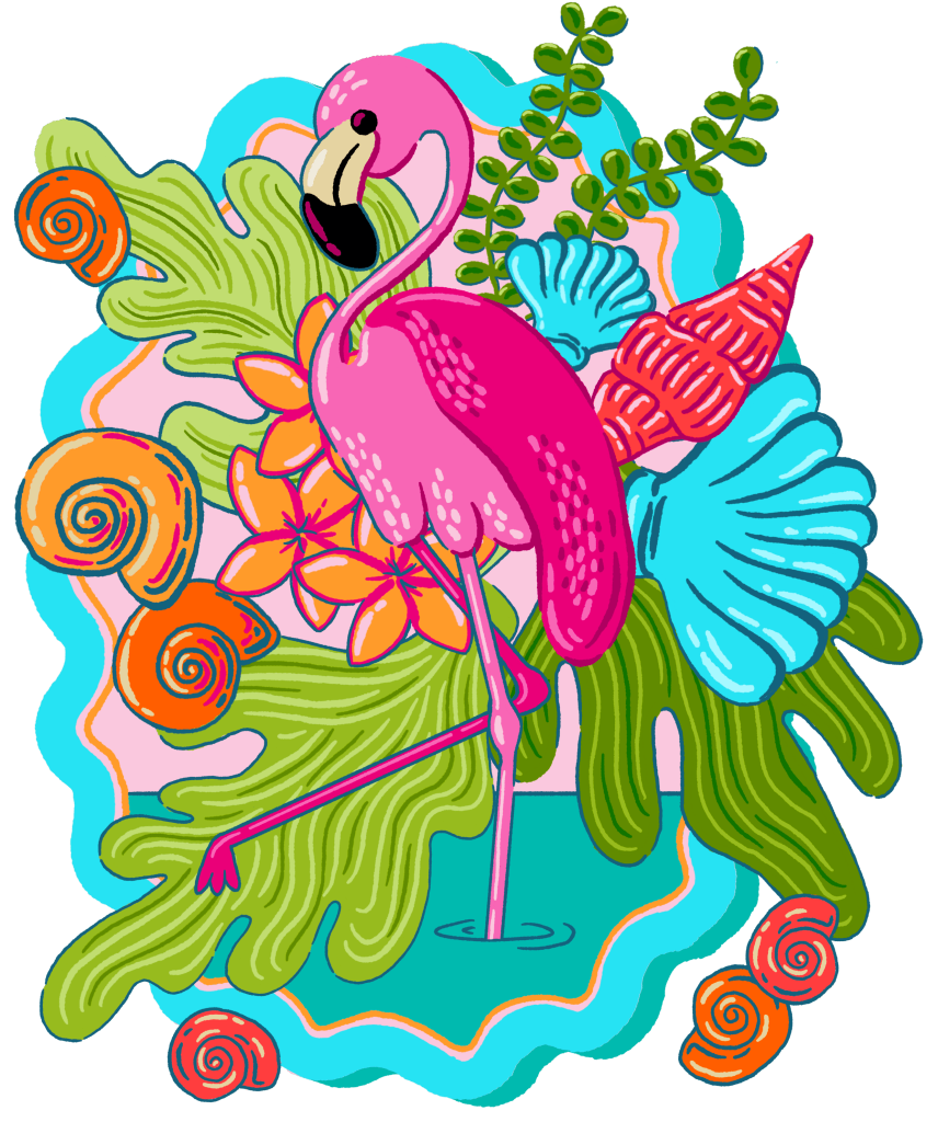 illustration of A bright pink flamingo standing on one leg in shallow teal water, surrounded by tropical leaves, flowers, and shells. The flamingo has a curved neck, black-tipped beak, and long thin legs. green palm-like leaves, orange flowers, blue and coral seashells, and spiral shell shapes fill the background, all outlined in bold lines on a black background. This artwork is titled “Tropical Paradise Flamingo” and created by INDYSIGN