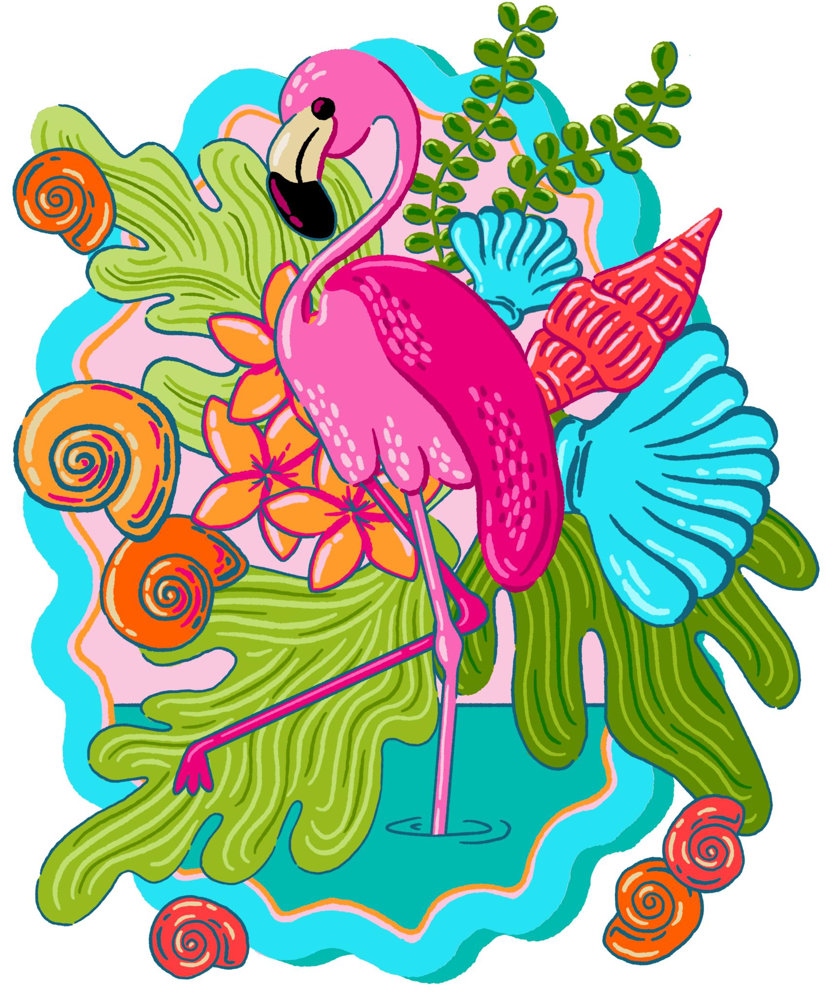 TROPICAL PARADISE FLAMINGO by IndySign, printed on denim jackets and other denim products: tote bags, throw pillows, table place mats, aprons